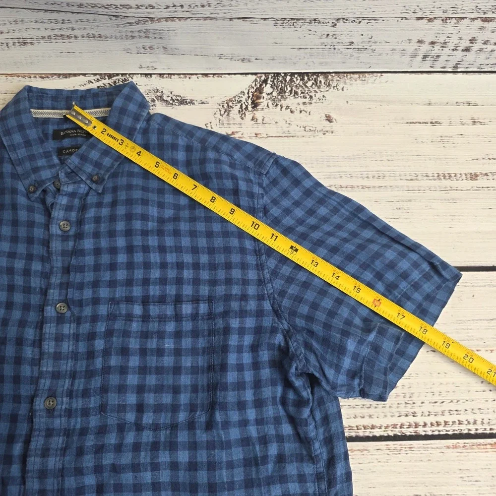 Banana Republic Shirt Men Medium Blue Check Linen Camden Fit Short Sleeve Button